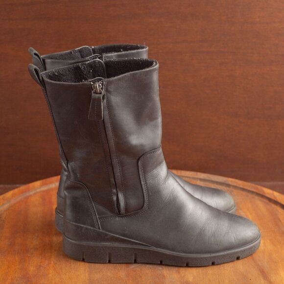 ECCO Bella Leather Double Zip Comfort Lightweight Boots Womens EU SZ 38 US 7 BLK - Picture 1 of 10